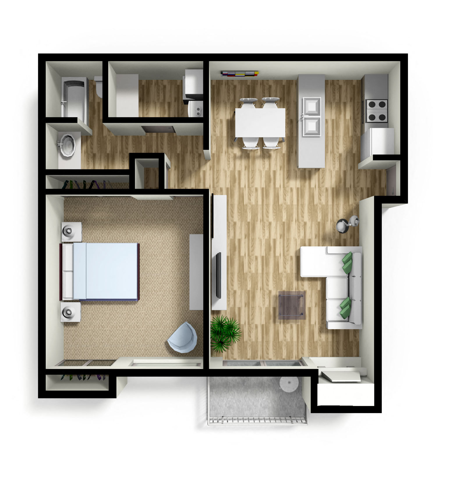 Floor plan for 1 bed, 1 bath, 740 sqft